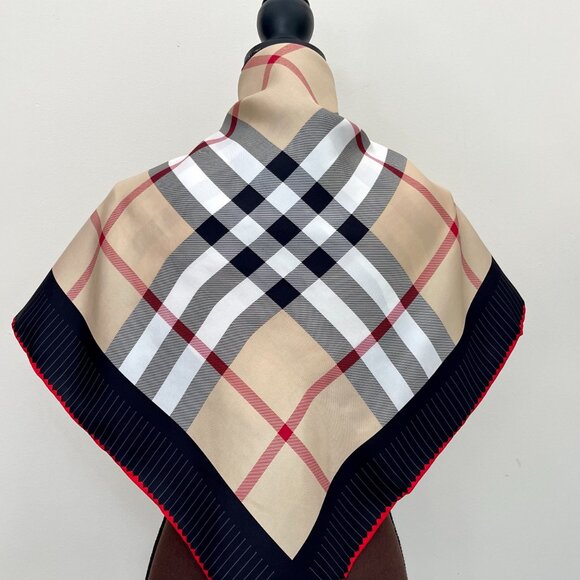 NWT Burberry Scarf Logo Iconic Beige Check Black Red Border Silk Wrap - Picture 5 of 13